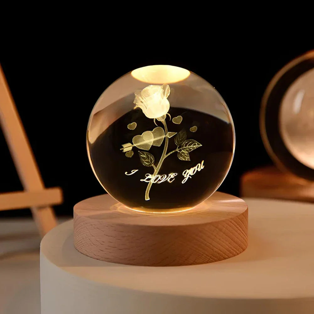 Luminária de Mesa LED Globo de Cristal 3D com Planeta Gravado