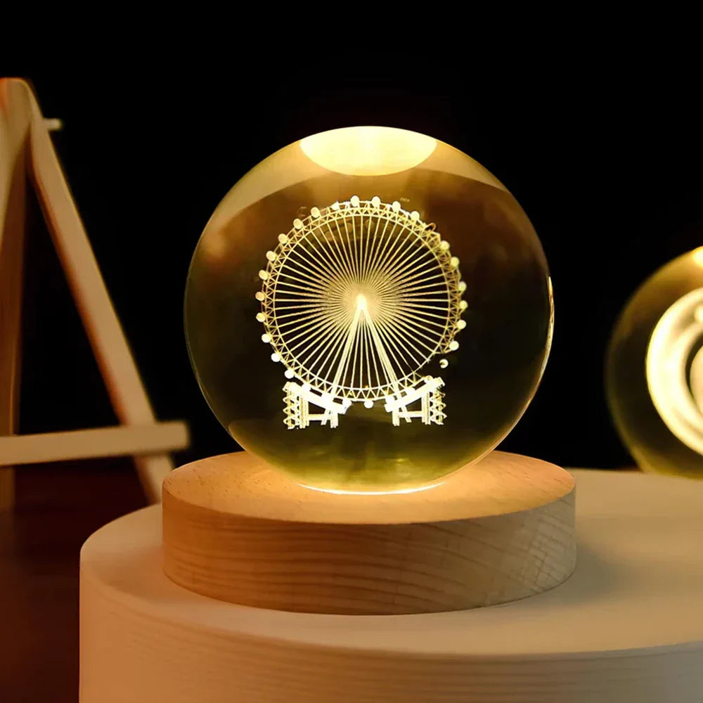 Luminária de Mesa LED Globo de Cristal 3D com Planeta Gravado