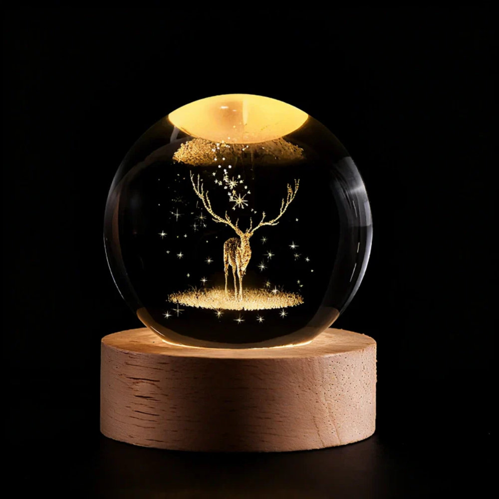 Luminária de Mesa LED Globo de Cristal 3D com Planeta Gravado