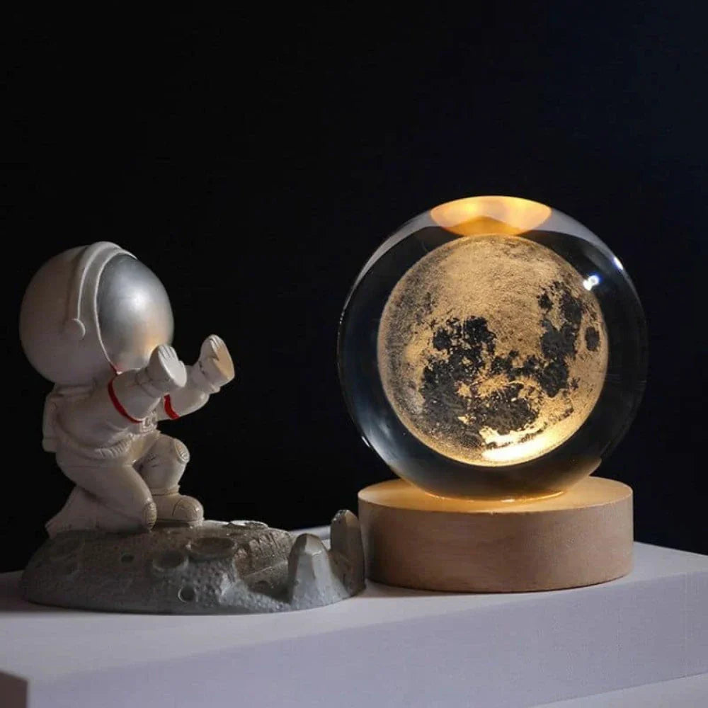 Luminária de Mesa LED Globo de Cristal 3D com Planeta Gravado