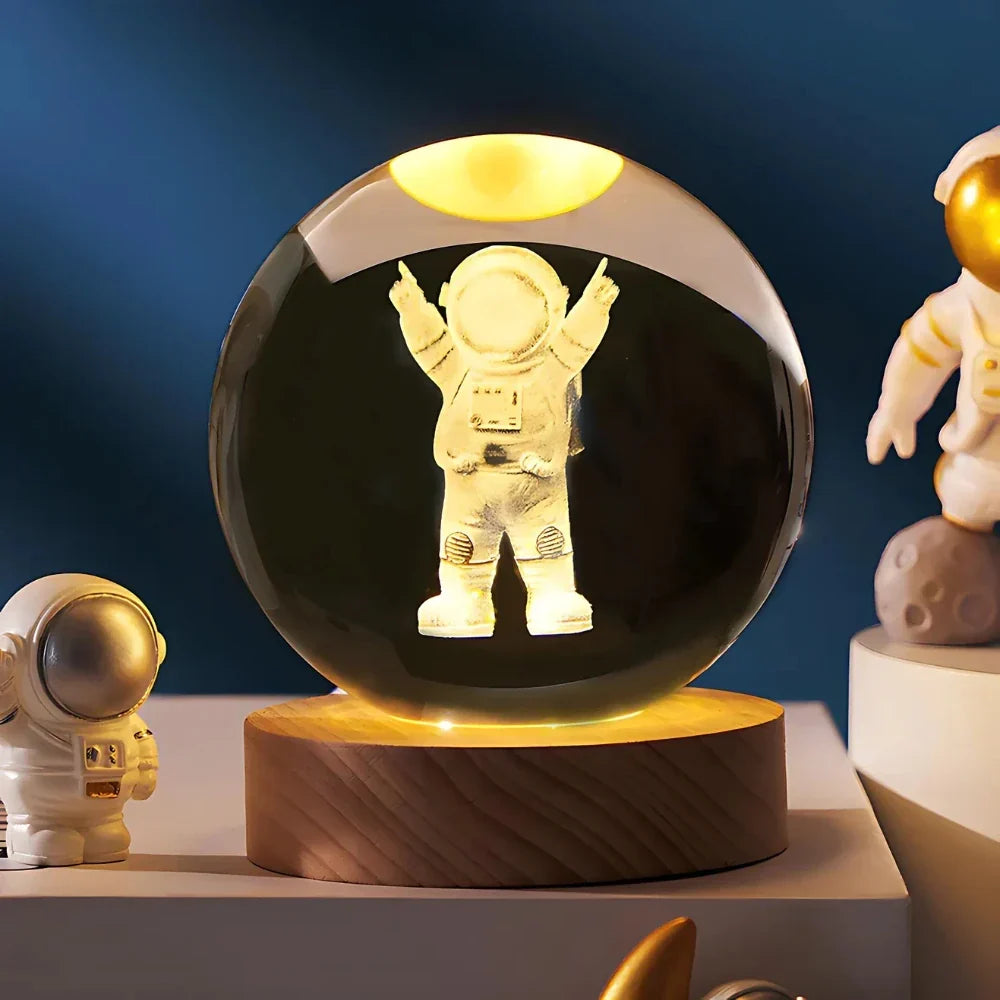 Luminária de Mesa LED Globo de Cristal 3D com Planeta Gravado