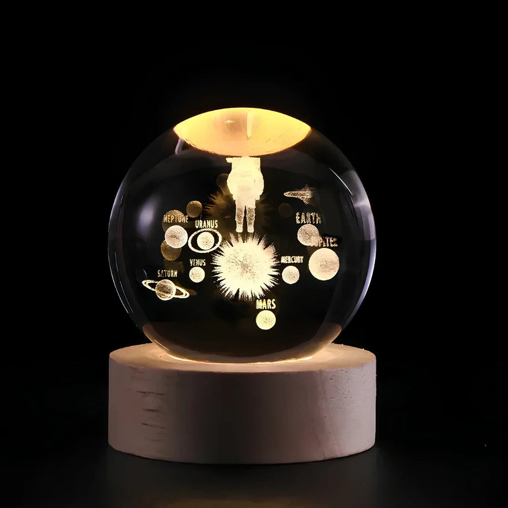 Luminária de Mesa LED Globo de Cristal 3D com Planeta Gravado