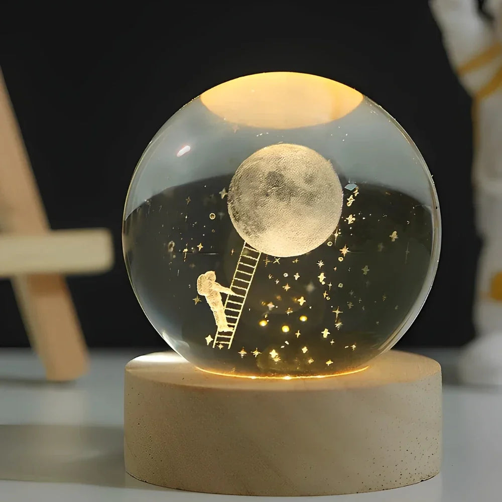 Luminária de Mesa LED Globo de Cristal 3D com Planeta Gravado