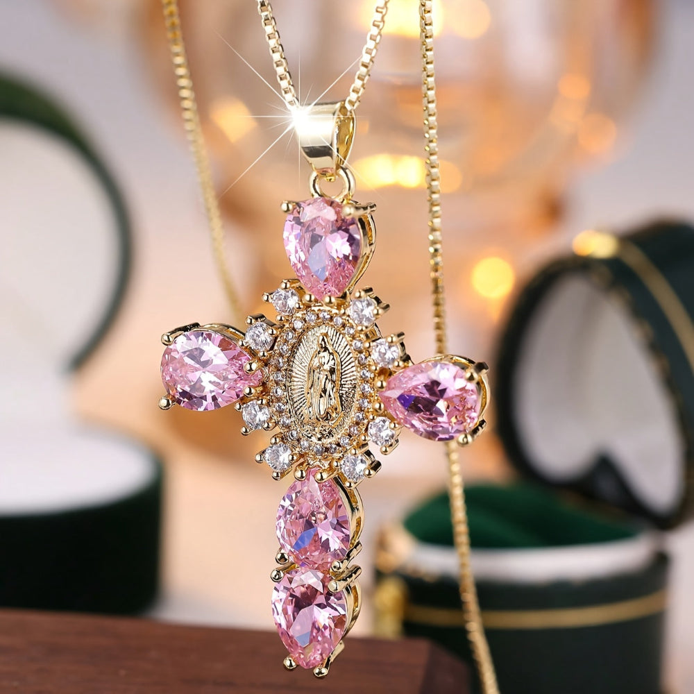 Colar Pingente de Cruz Dourado com Zircônia Presente de Dia das Mães