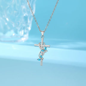 Colar com Pingente de Cruz Presente de Dia das Mães Joia em Prata com Laço e Gema Azul