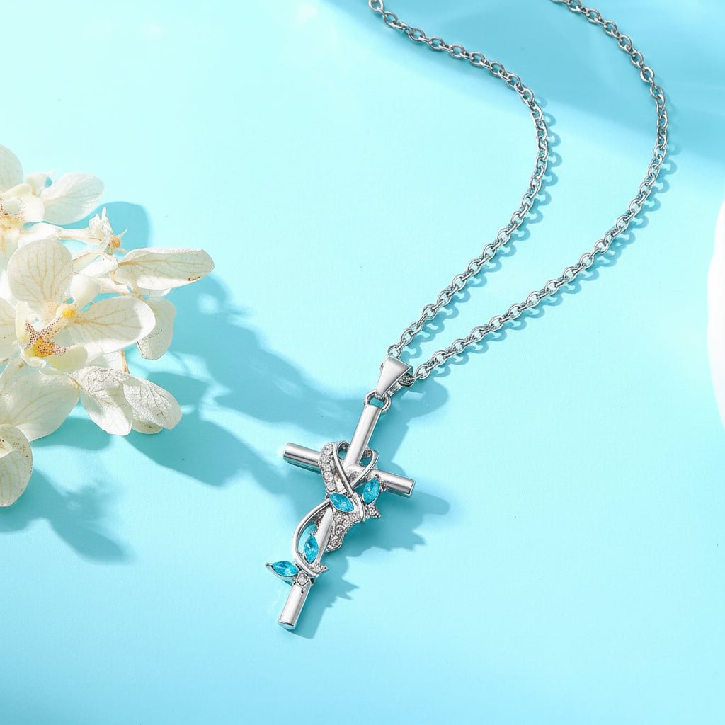 Colar com Pingente de Cruz Presente de Dia das Mães Joia em Prata com Laço e Gema Azul