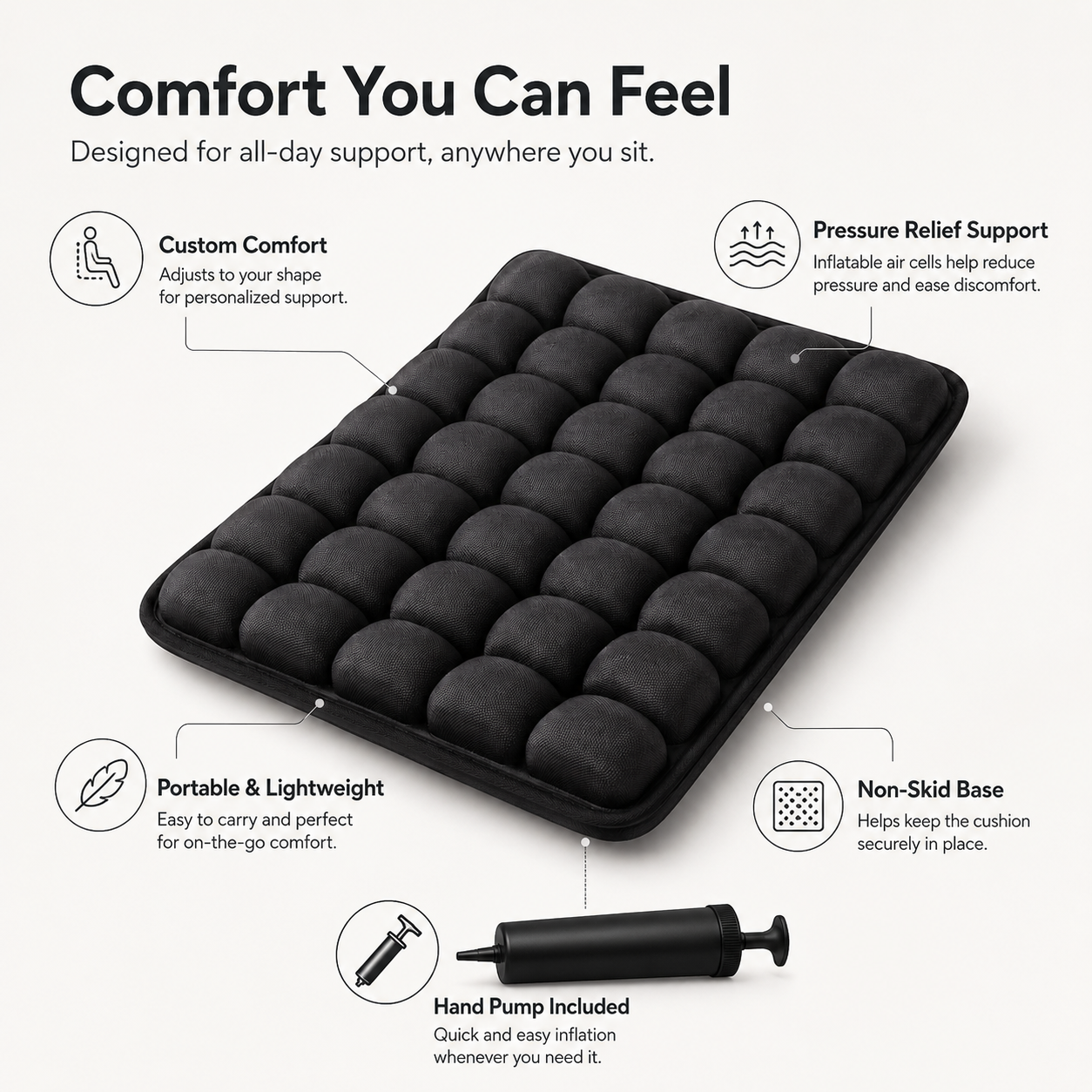 Assento Inflável Portátil com Almofada de Ar para Suporte e Conforto