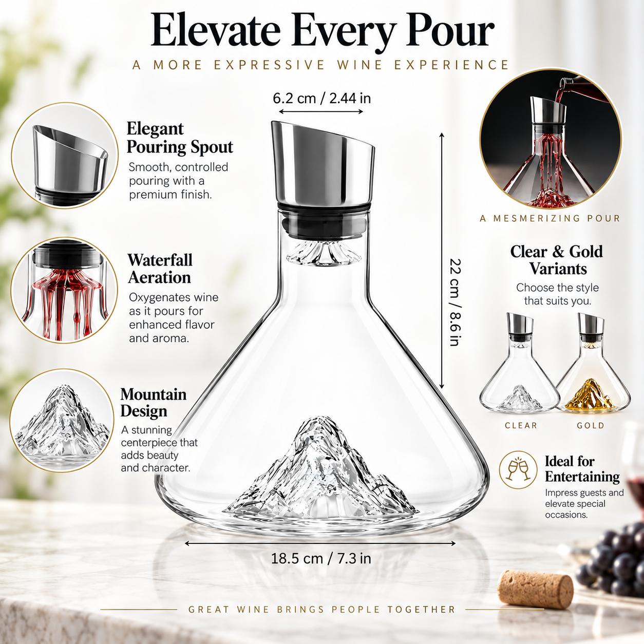 Decanter de Vinho Premium Design de Montanha Bico Dosador Elegante