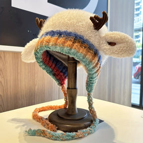 Women Knit Reindeer Animal Ear Flap Winter Hat Beanie