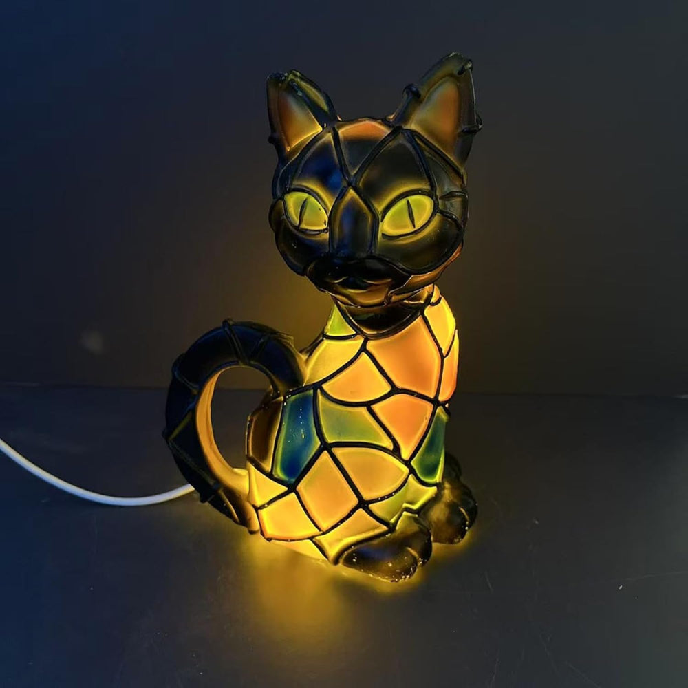 Luminária de Gato em Resina Estilo Tiffany Abajur com Luz Quente