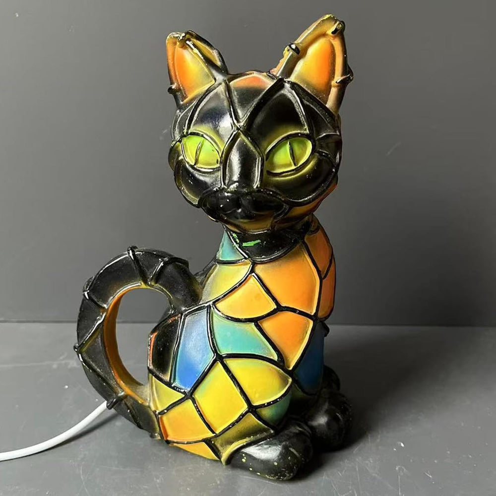Luminária de Gato em Resina Estilo Tiffany Abajur com Luz Quente