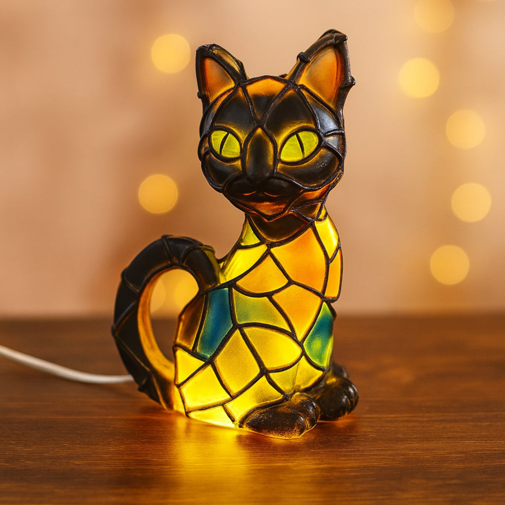 Luminária de Gato em Resina Estilo Tiffany Abajur com Luz Quente