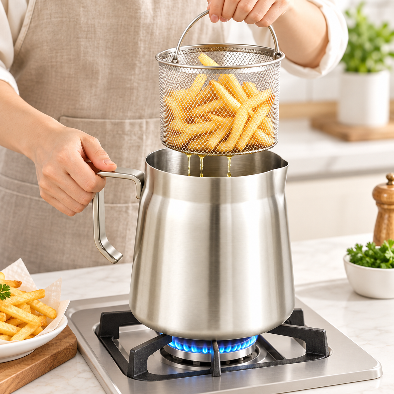 Pote de fritura de aço inoxidável com coador de óleo reutilizável