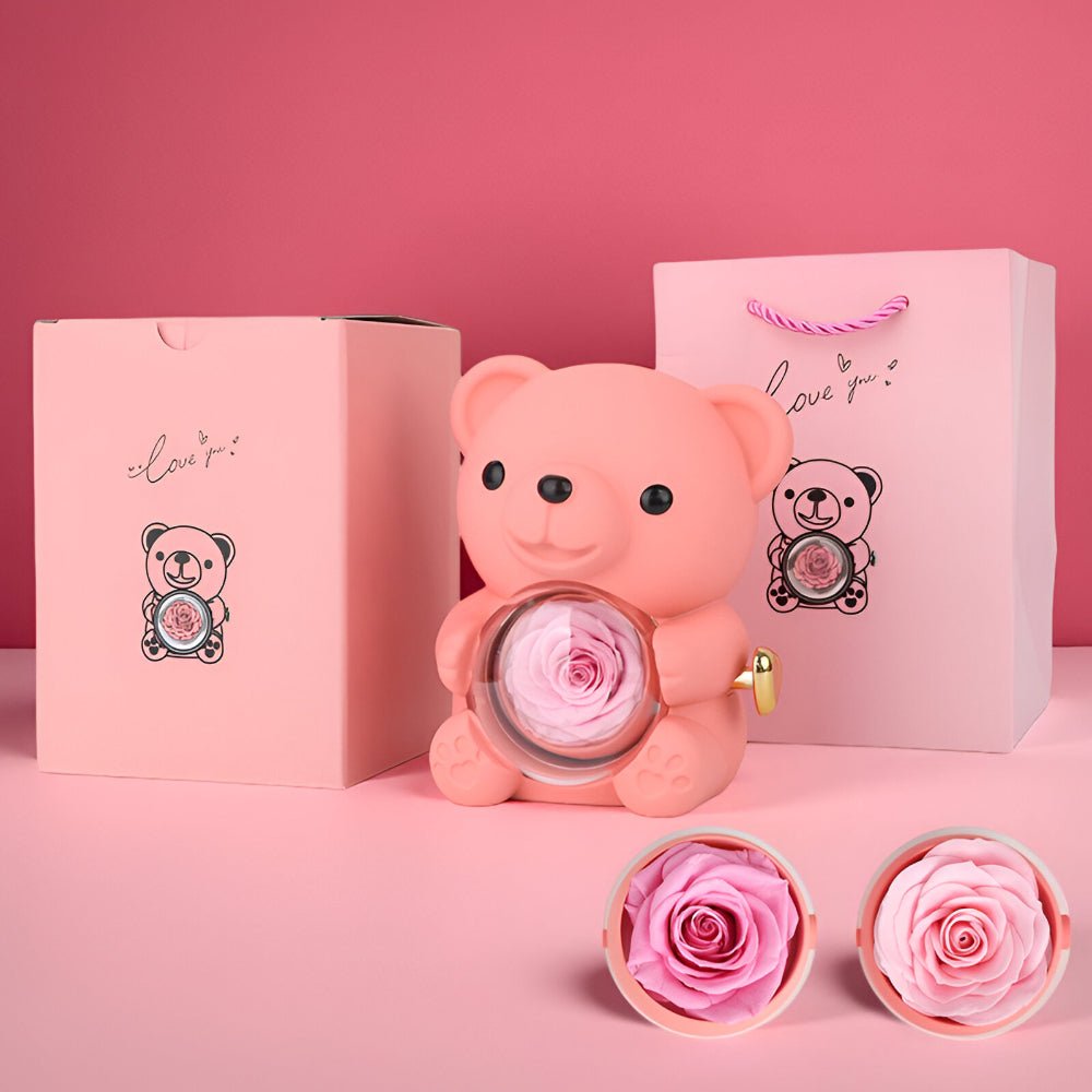 Caixa de Presente Urso de Pelúcia Rosa Preservada Porta-Joias