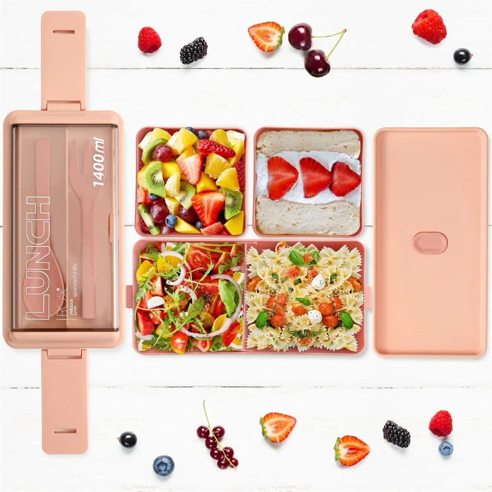 Bento Lunch Boxes – 1400ml Double Layer, Leak-Proof with Fork &amp; Spoon