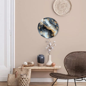 Relógio de Parede de Mármore Azul e Dourado | Design Silencioso em Madeira