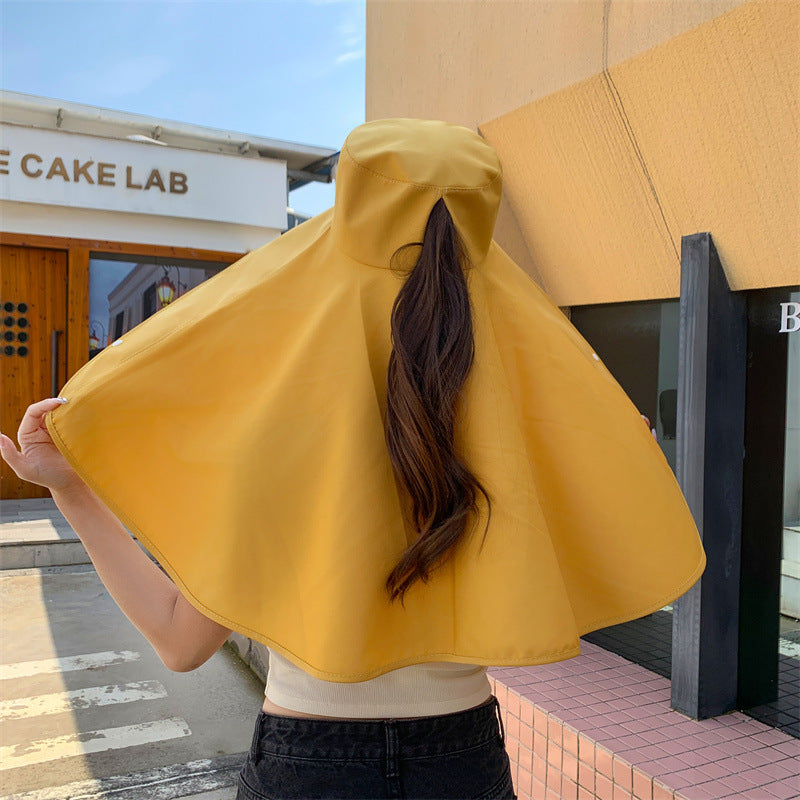 Chapéu de Sol Elegante com Aba Larga e Xale de Proteção para Mulheres