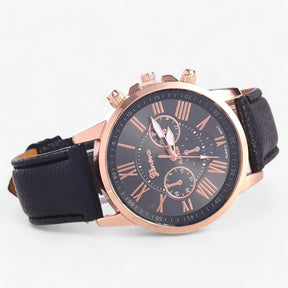 Relógio Feminino Elegante – Pulseira de Couro, Mostrador com Algarismos Romanos e Design Clássico