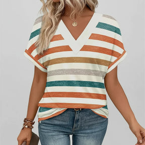 Camiseta Feminina Casual Decote V Soltinha Manga Curta Blusa de Verão