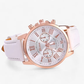 Relógio Feminino Elegante – Pulseira de Couro, Mostrador com Algarismos Romanos e Design Clássico