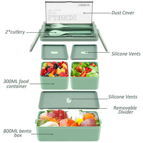 1400ml Double Layer Bento Box | Portable Lunch Box with Fork & Spoon – Microwave Safe Food Storage for Kids & Adults