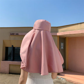 Chapéu de Sol Elegante com Aba Larga e Xale de Proteção para Mulheres