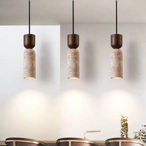 Luminária Pendente Wabi-Sabi de Travertino e Madeira | Iluminação de Cabeceira Minimalista Japonesa