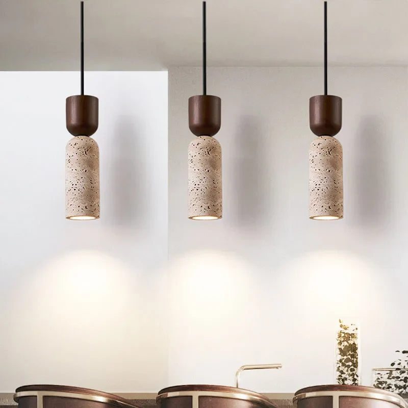 Luminária Pendente Wabi-Sabi de Travertino e Madeira | Iluminação de Cabeceira Minimalista Japonesa