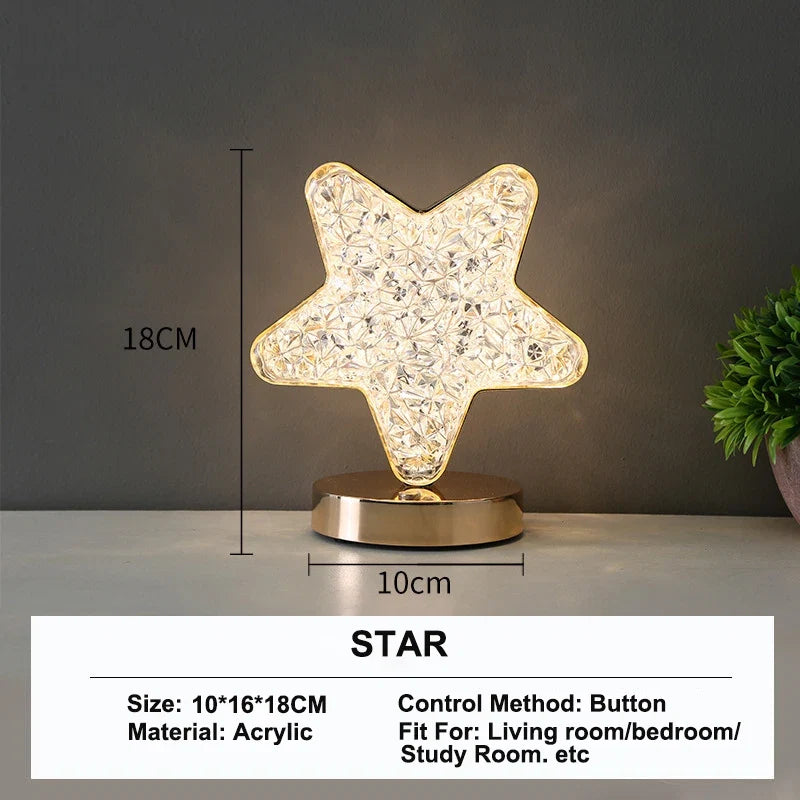 Luminária Noturna de Cristal LED 3D – Lâmpada Recarregável com Controle de Intensidade por Toque