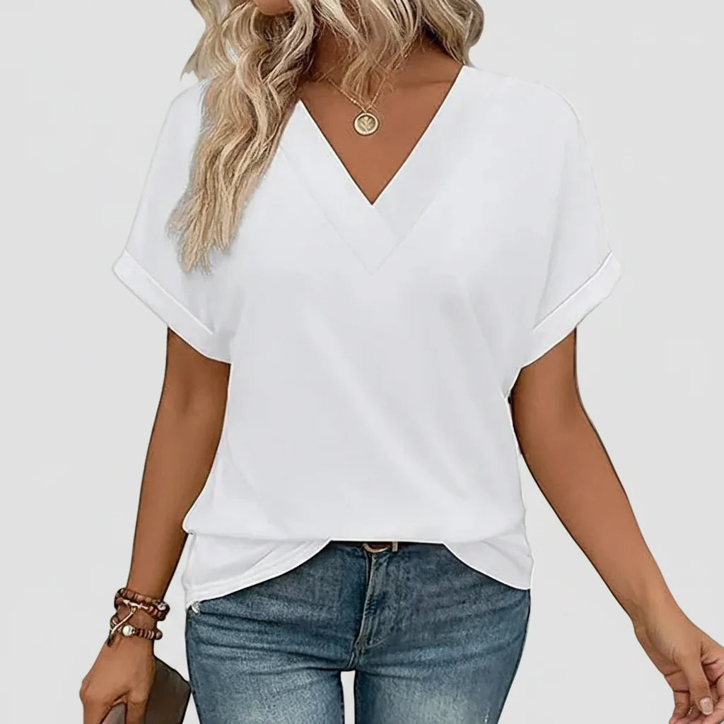 Camiseta Feminina Casual Decote V Soltinha Manga Curta Blusa de Verão