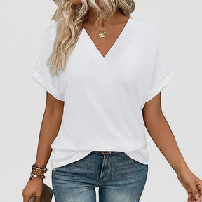 Camiseta Feminina Casual Decote V Soltinha Manga Curta Blusa de Verão