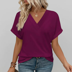 Camiseta Feminina Casual Decote V Soltinha Manga Curta Blusa de Verão