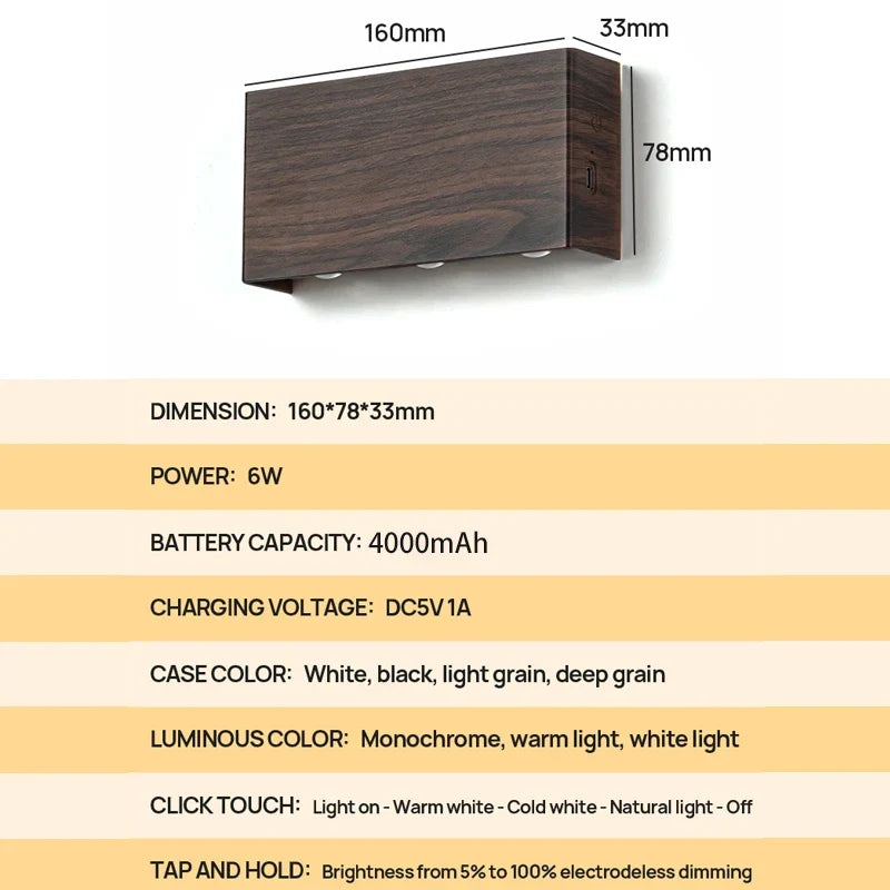 Luminária de Parede Recarregável LumiBlock | Design Minimalista com Efeito Madeira