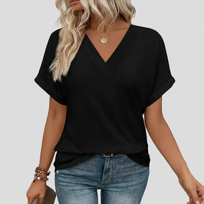 Camiseta Feminina Casual Decote V Soltinha Manga Curta Blusa de Verão