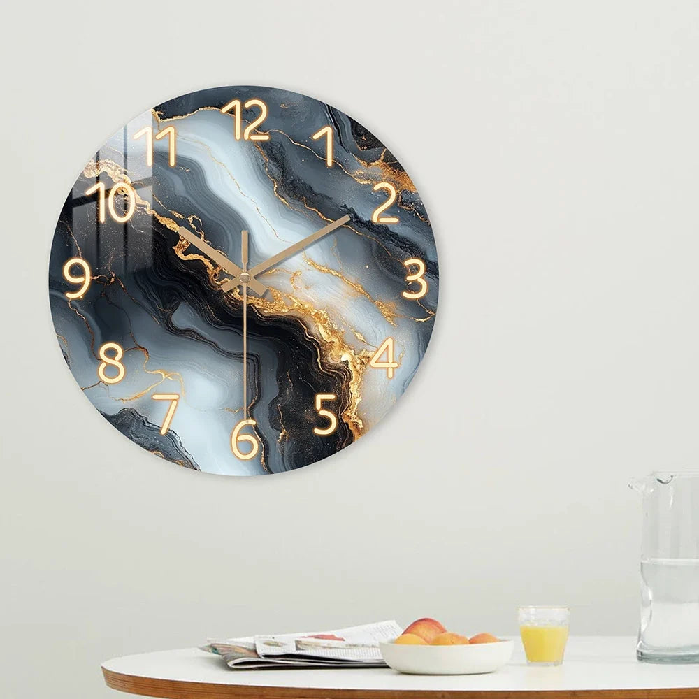 Relógio de Parede de Mármore Azul e Dourado | Design Silencioso em Madeira