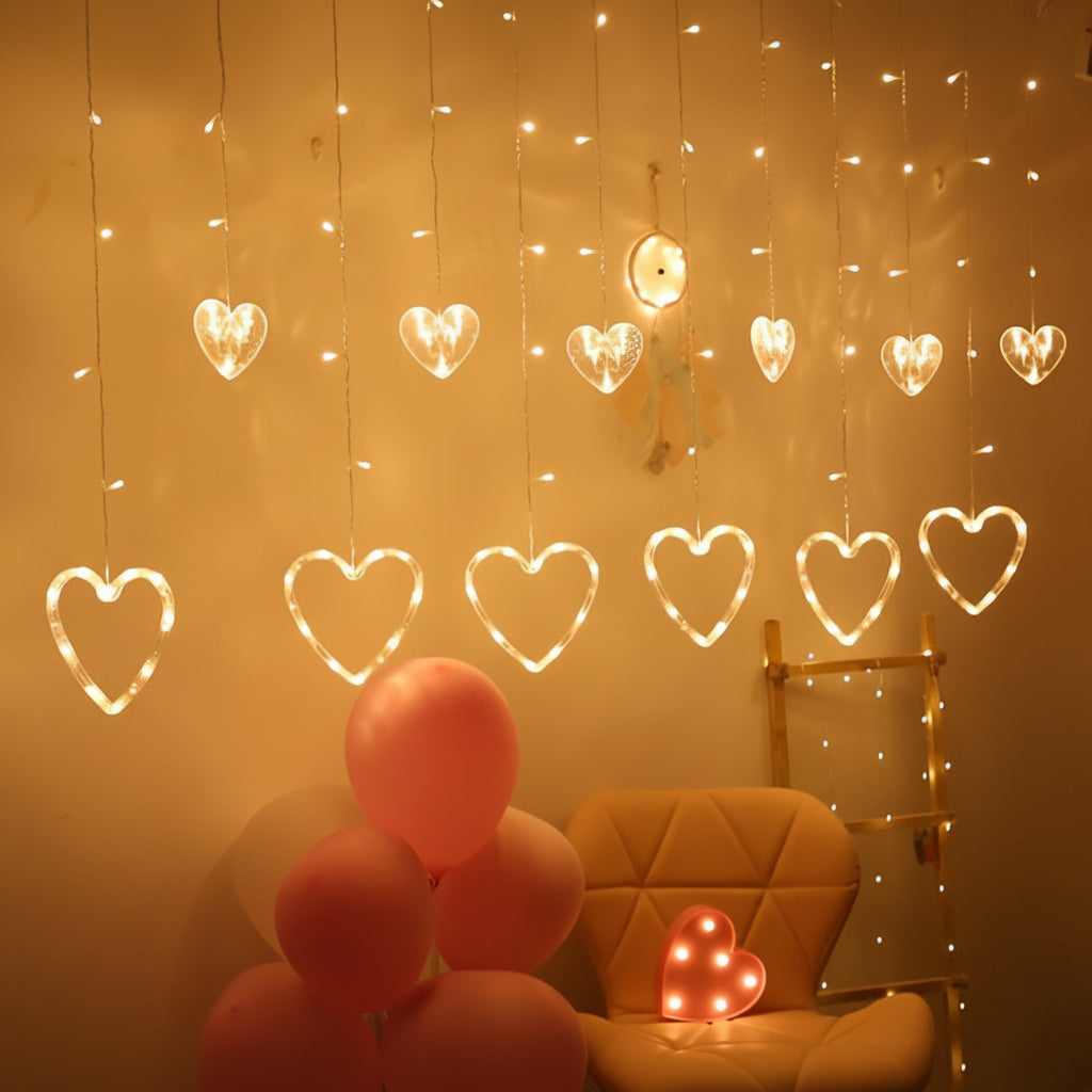 Varal de Luzes de Coração com LED Quente para Decoração de Janela