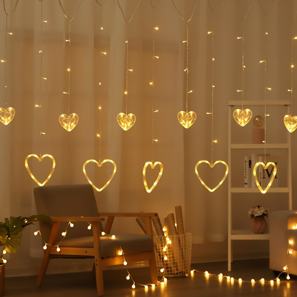 Varal de Luzes de Coração com LED Quente para Decoração de Janela