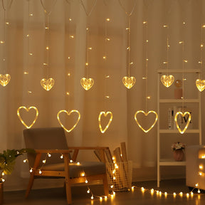 Varal de Luzes de Coração com LED Quente para Decoração de Janela