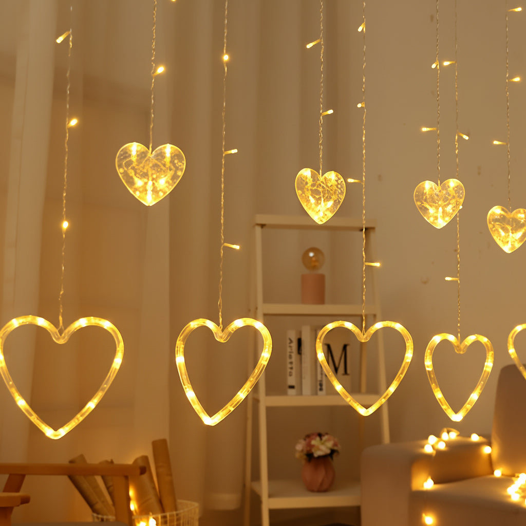 Varal de Luzes de Coração com LED Quente para Decoração de Janela