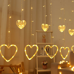Varal de Luzes de Coração com LED Quente para Decoração de Janela
