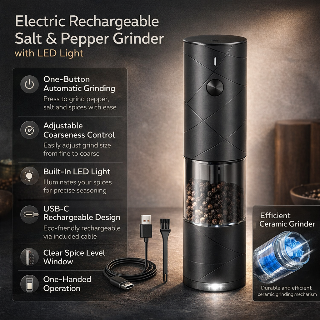 Moedor de Sal e Pimenta Elétrico Recarregável com Luz LED
