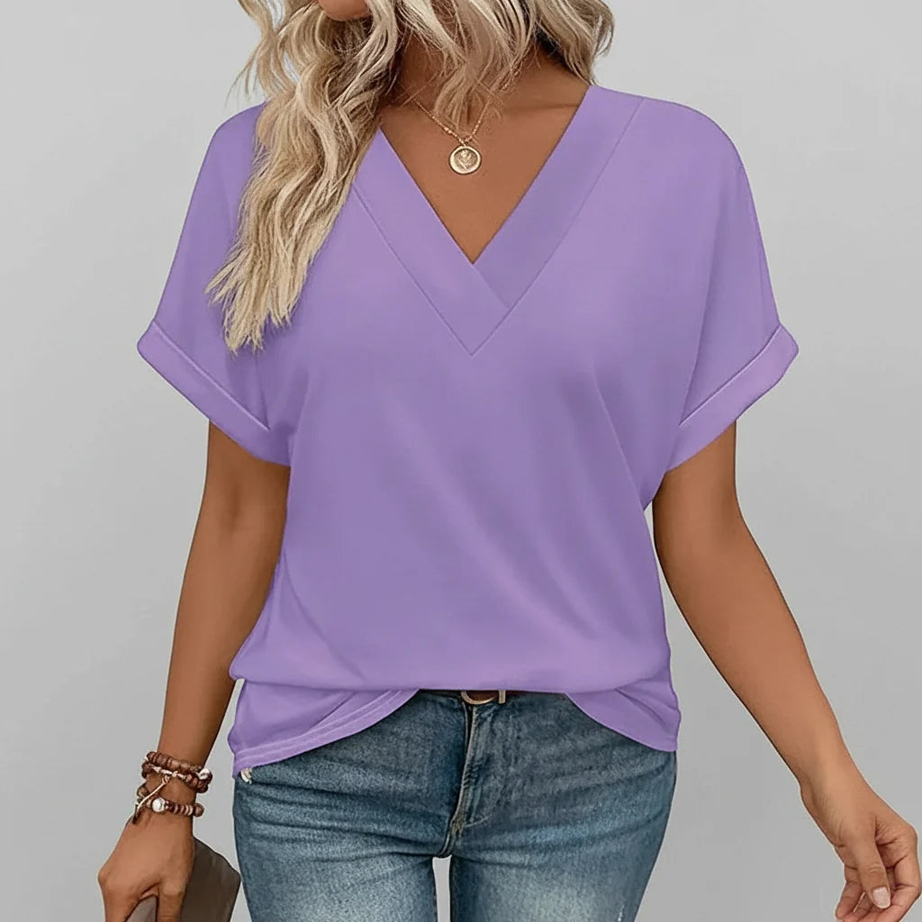 Camiseta Feminina Casual Decote V Soltinha Manga Curta Blusa de Verão