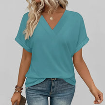Camiseta Feminina Casual Decote V Soltinha Manga Curta Blusa de Verão