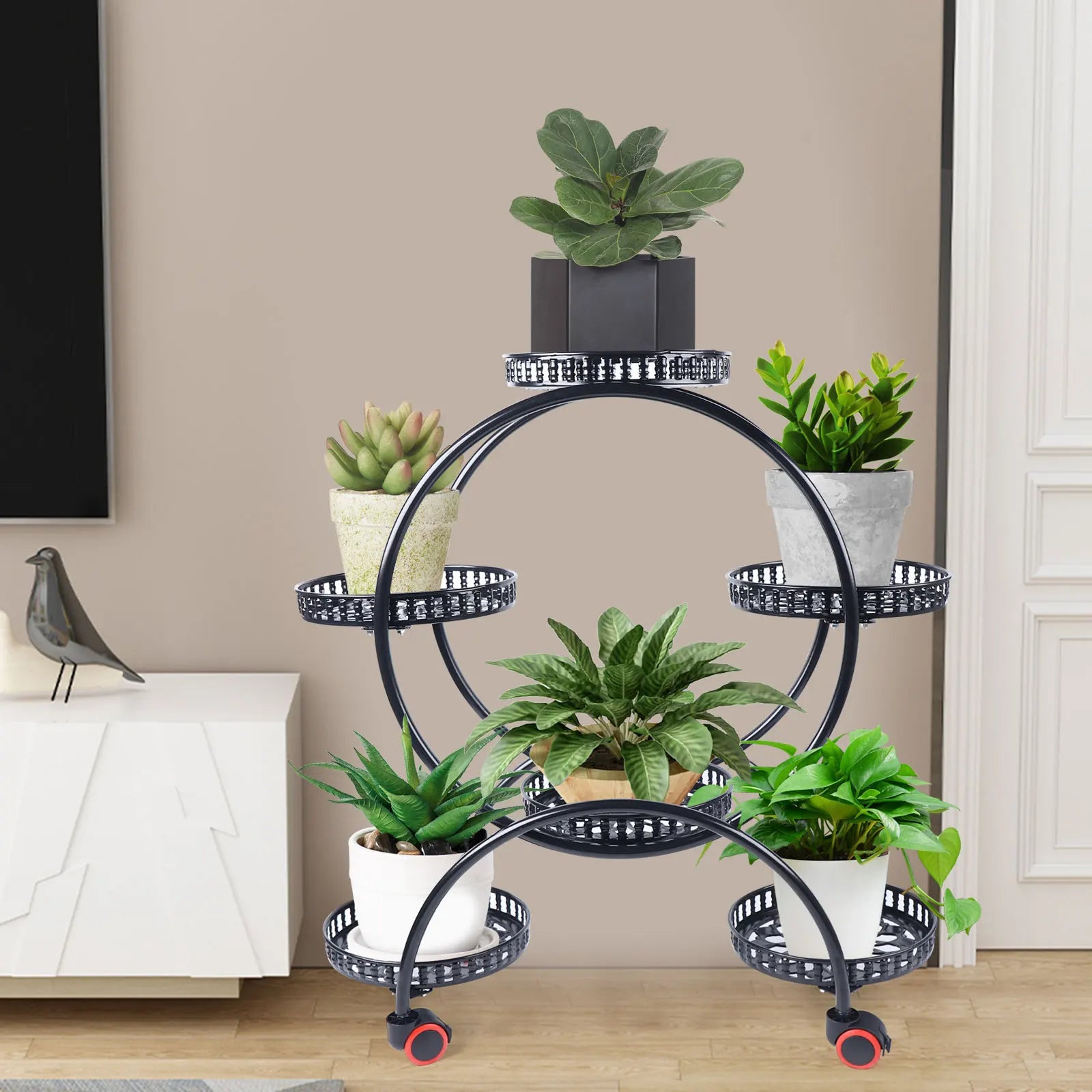 Suporte de Metal para Plantas com Rodízios | Estante para 6 Vasos de Flores para Decoração Interna e Externa
