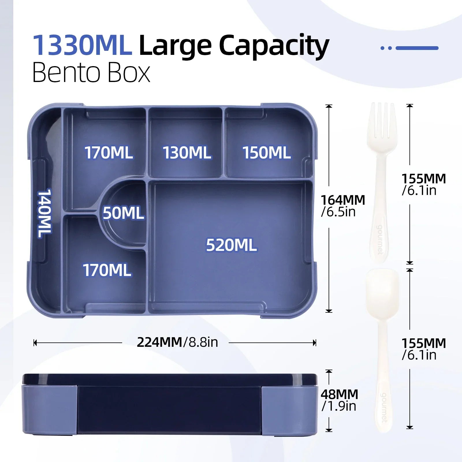 Bento Lunch Boxes – 1330ml, 7 Compartments, Leak-Proof with Cutlery