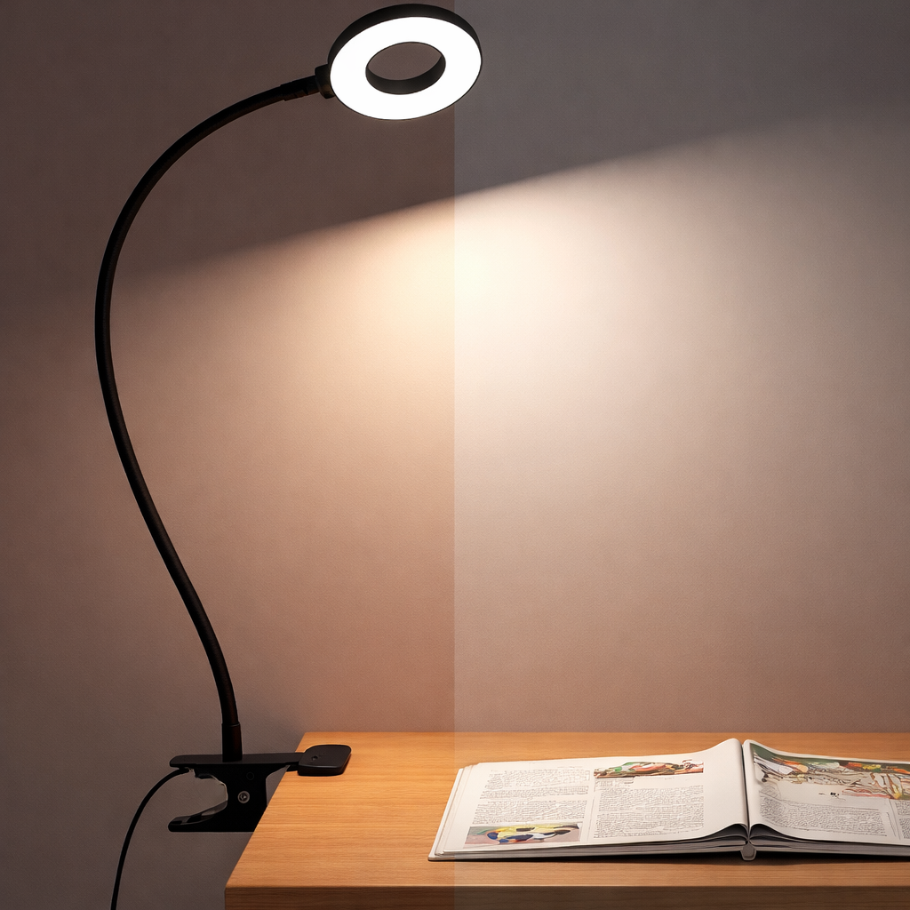 Luminária de Mesa com Clipe LED Flexível, Luz de Leitura com 3 Modos de Cor