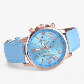 Relógio Feminino Elegante – Pulseira de Couro, Mostrador com Algarismos Romanos e Design Clássico