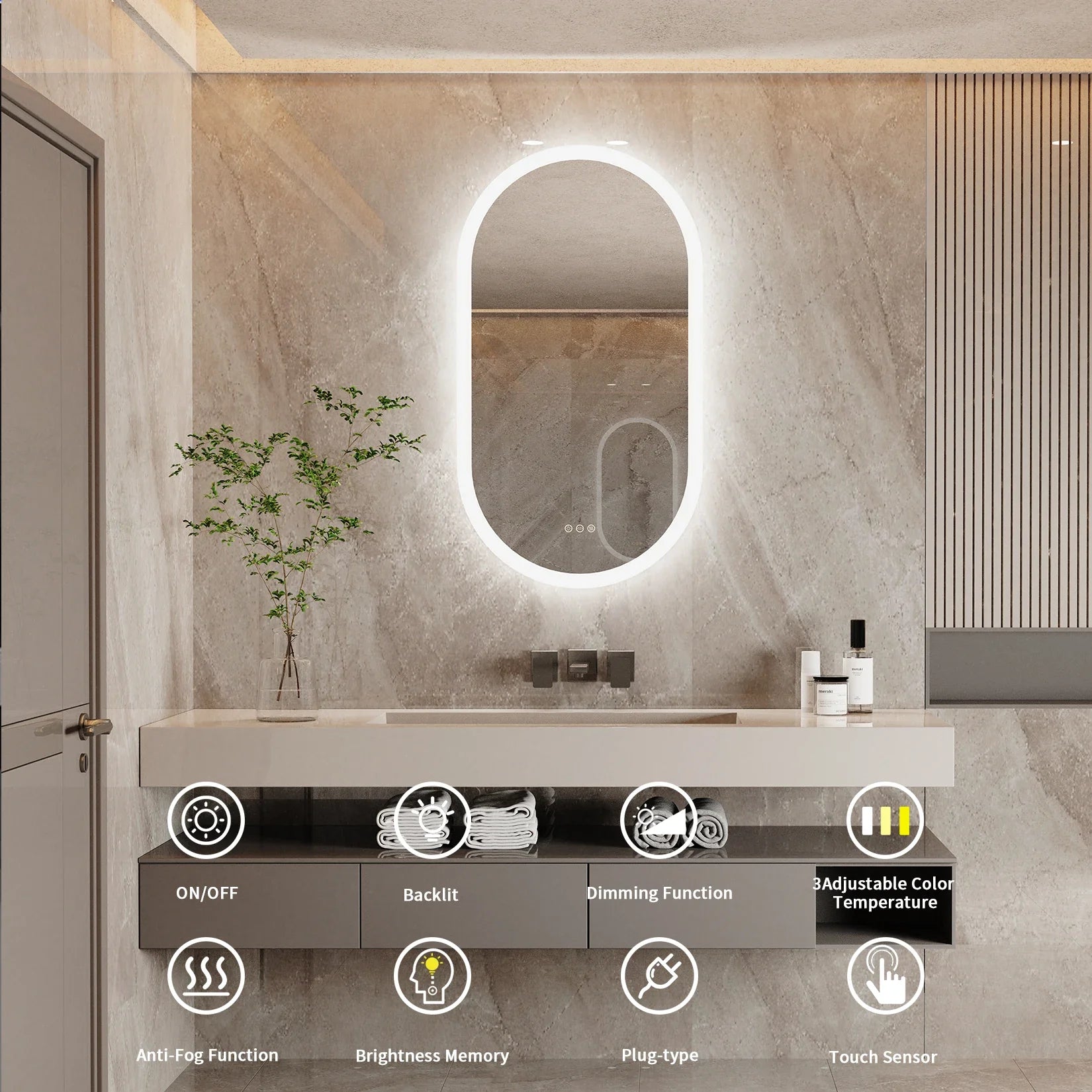 Espelho de Banheiro Oval em LED – Design Retroiluminado com Anti-embaçante e Intensidade Regulável