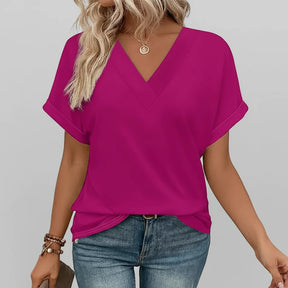 Camiseta Feminina Casual Decote V Soltinha Manga Curta Blusa de Verão