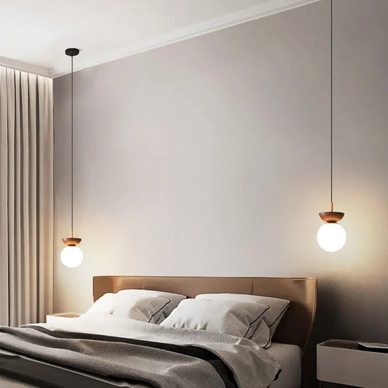Lustre Pendente de Vidro Estilo Nórdico Moderno | Acabamento em Madeira
